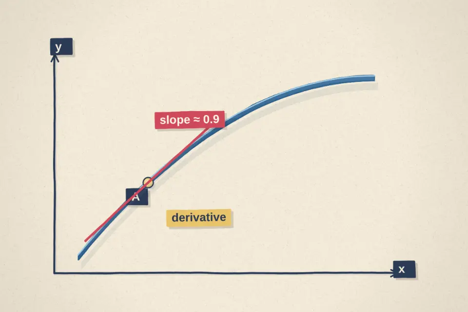 A derivative is the slope of a curve at a single point: how fast it's rising or falling right there. You get it by taking the slope between two points and sliding them together.