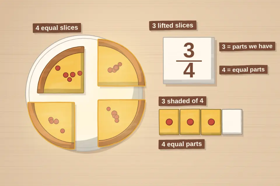 3/4 means the whole is cut into 4 equal parts and you have 3 of them. The bottom number says how many equal parts make the whole; the top number says how many you have.