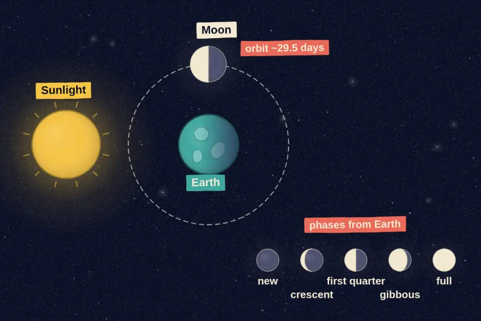 The Sun always lights up one half of the Moon. As the Moon circles Earth every 29.5 days, we see a different share of that lit half, from none of it (new moon) to all of it (full moon).