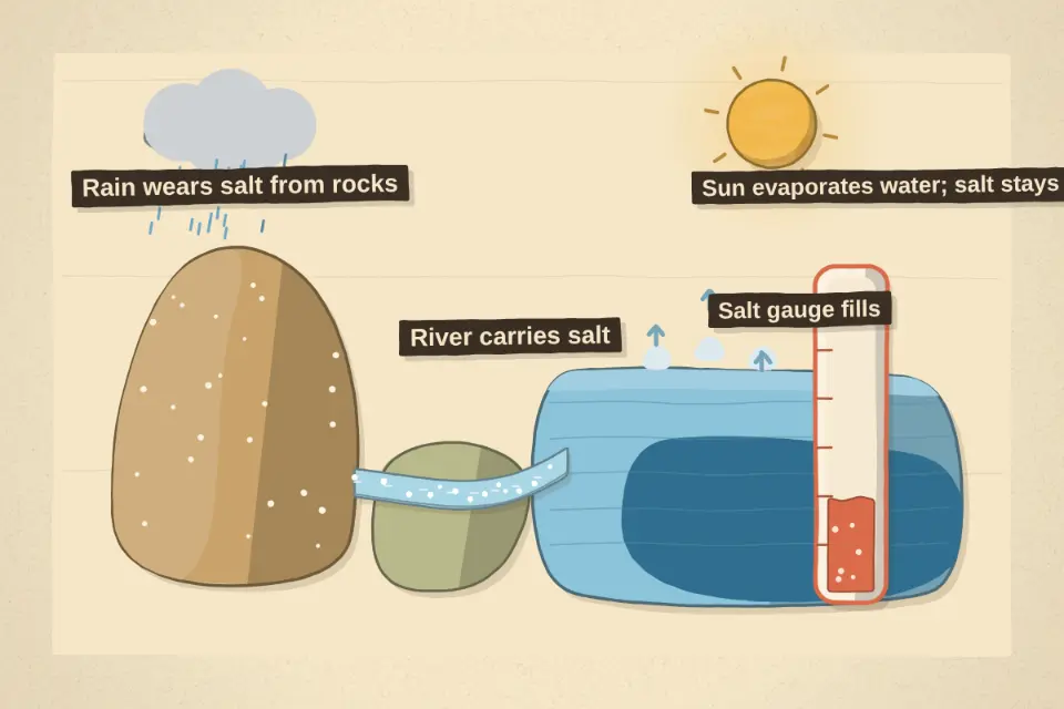 Rain slowly dissolves tiny amounts of salt out of rocks, and rivers carry it to the sea. When seawater evaporates, the water leaves but the salt stays, so over millions of years the sea has built up its saltiness.