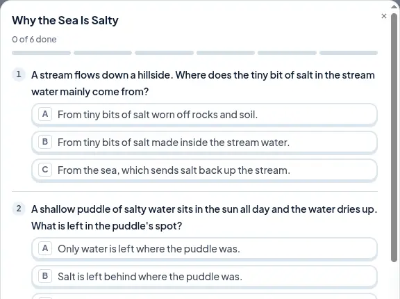 A practice sheet about why the sea is salty with multiple-choice questions