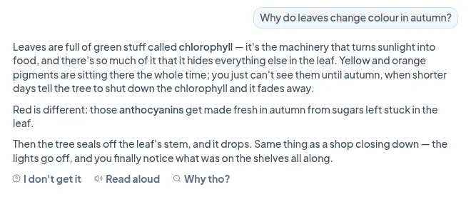 An answer about autumn leaves with the Why tho? button under it